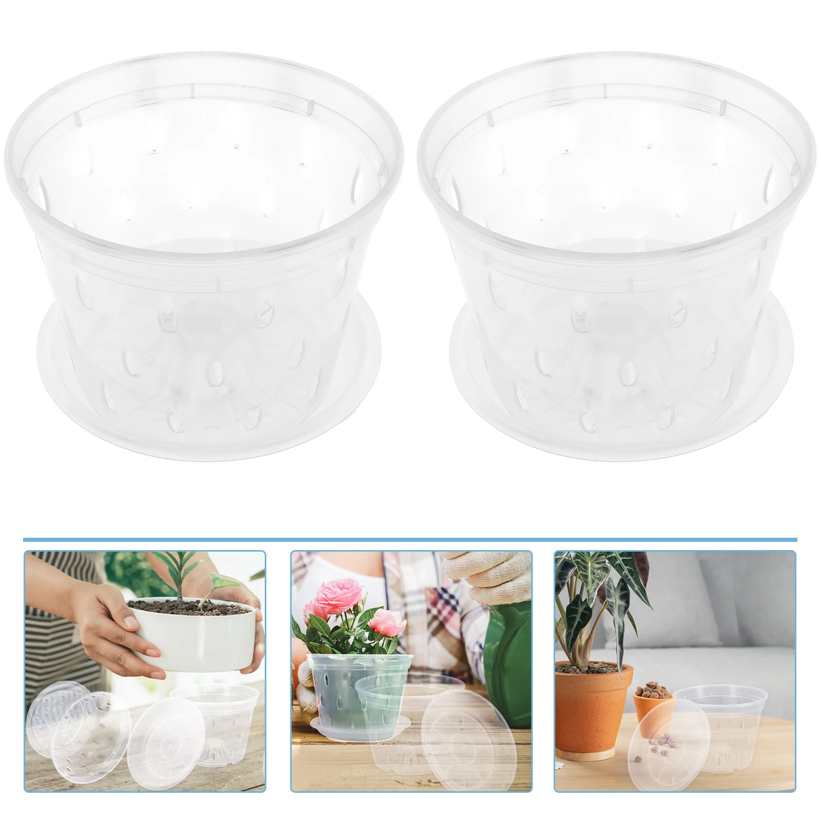 

2 set Clear Orchid Pots Root Control Basin with Tray Faux Plastic Garden Pots Drainage Holes Balcony Courtyard Park