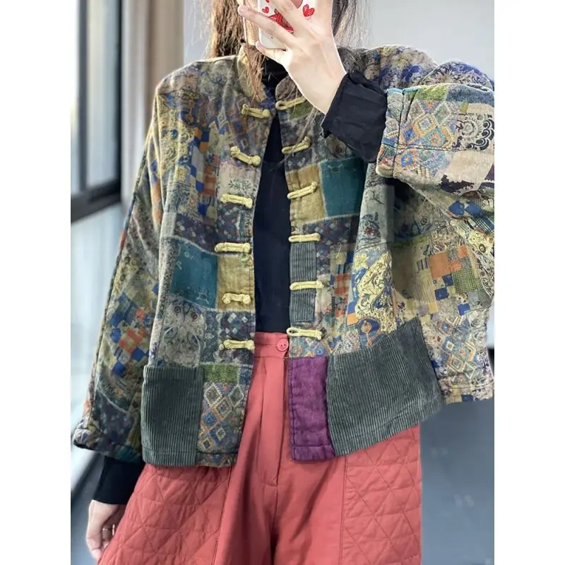 Vintage Harajuku Cotton Jacket Autumn Women's Coat Loose-fit Printed Long-sleeve Cropped Jacket Patchwork Tops Mujer Design
