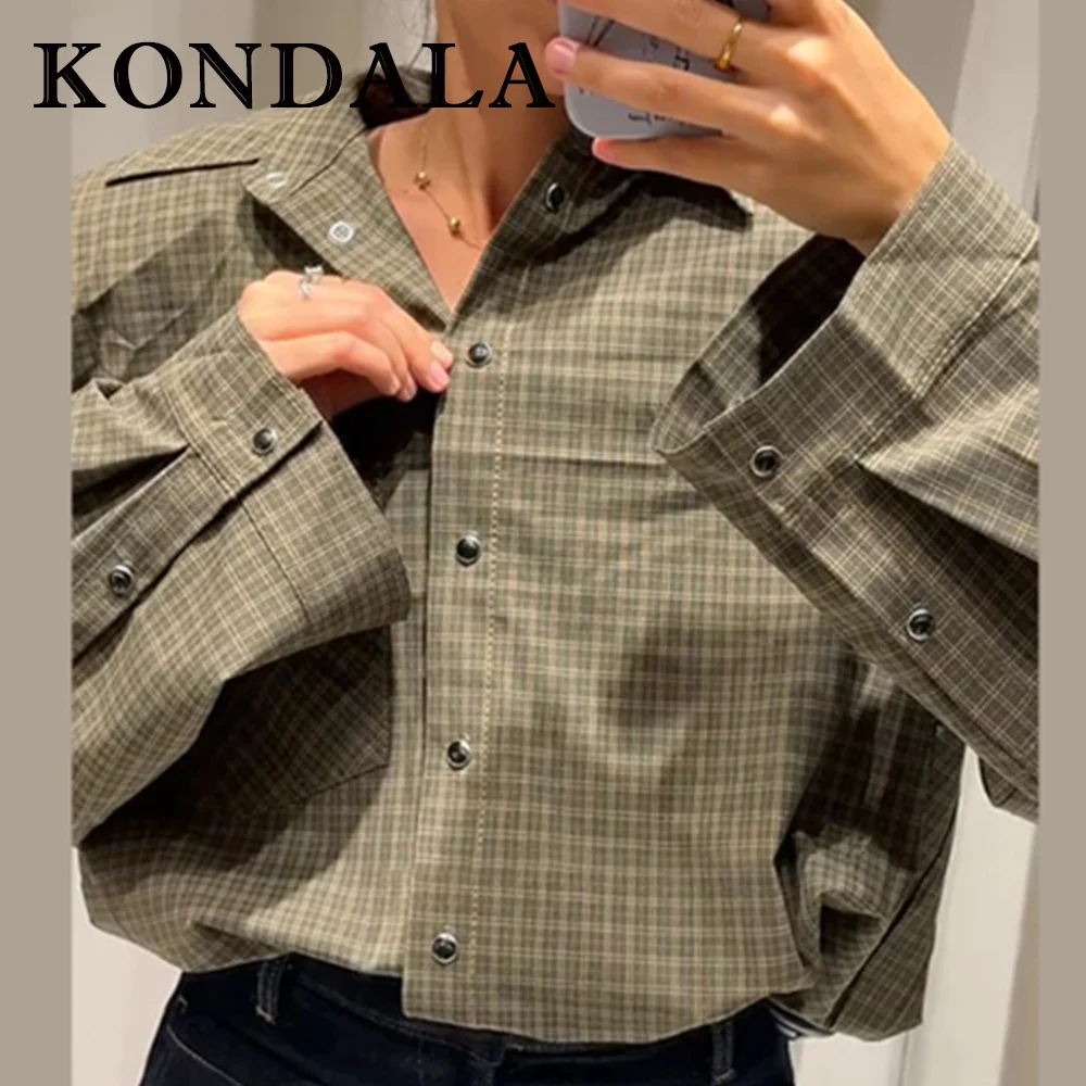 

KONDALA Vintage Plaid Green Fashion 2025 Women Streetwear Shirt Loose Streetwear Shirt Streetwear Cool Long Sleeve Women Jacket