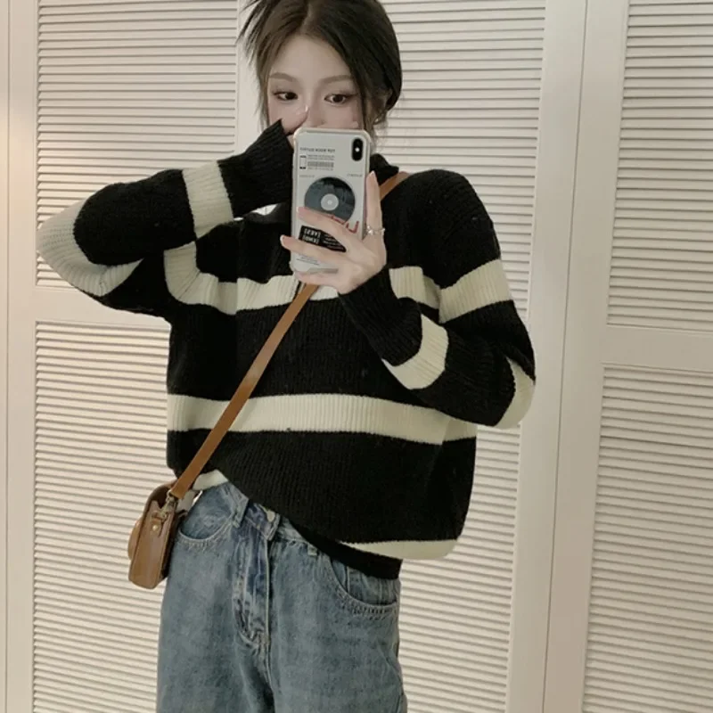 Striped Pullovers Women Zipper Autumn All-match Korean Style Soft Knitwear Jumpers Female Daily Vintage Fluffy Loose Casual 2024