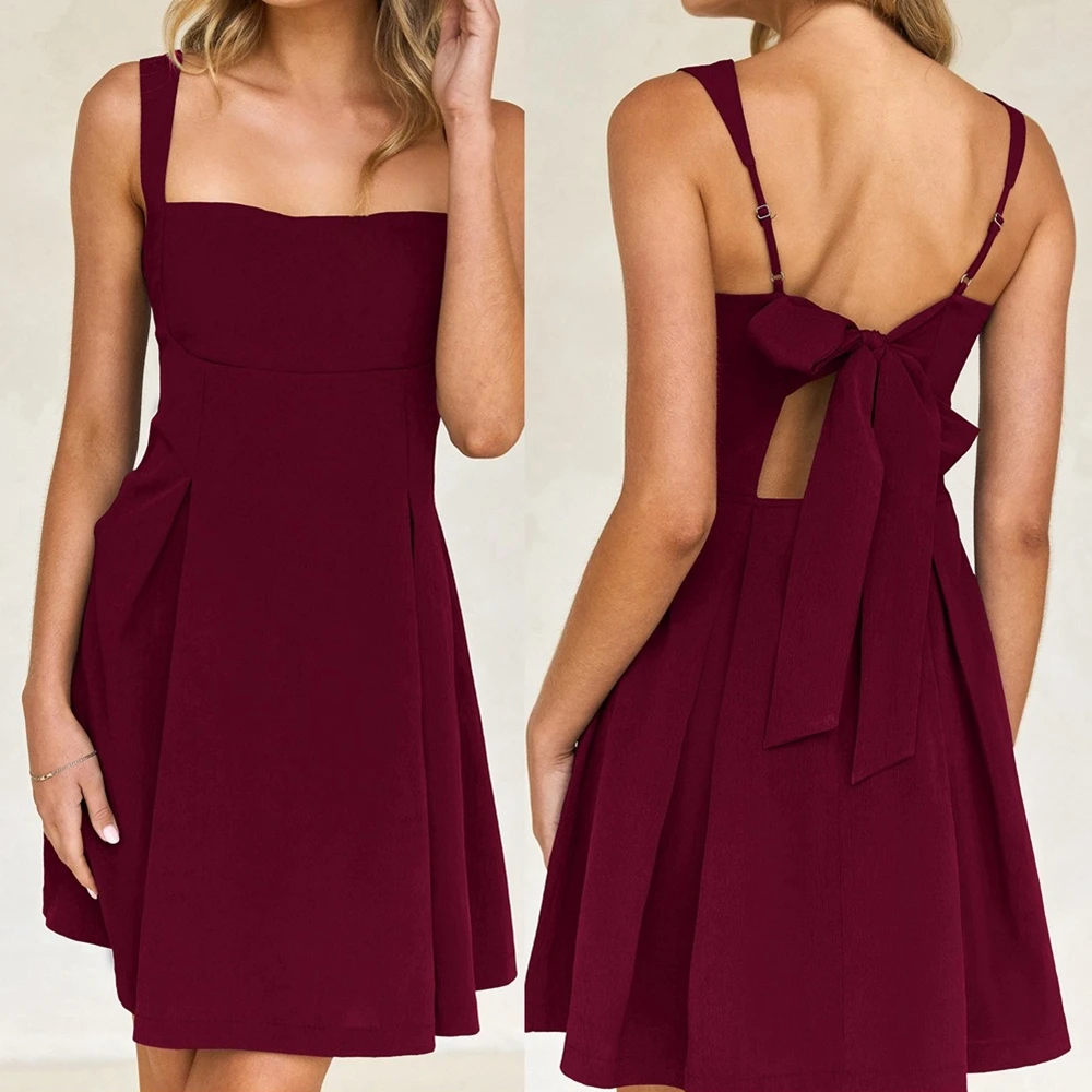 

Solid Color Sexy Elegant Back Bow Tie Square Neck Slim Fit Cocktail Party Dress Women's Formal Evening Gown
