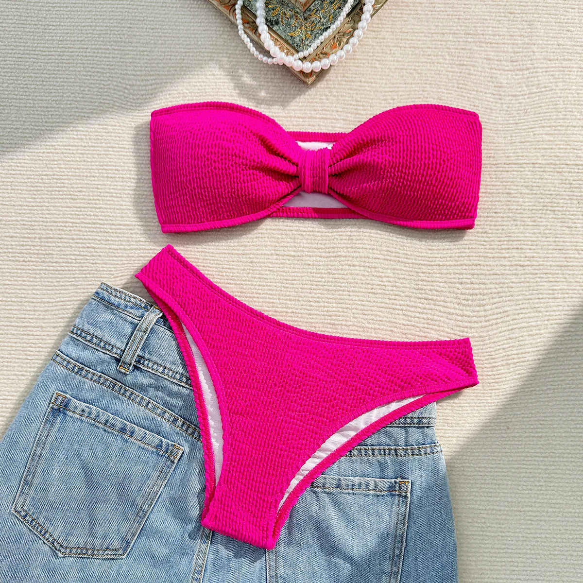 

Bandeau Bikini Padded Women Swimsuits 2025 Sexy Female Swimwear Brazilian Bikini Set Thong Biquini Swim Suits Rose Red Beachwear