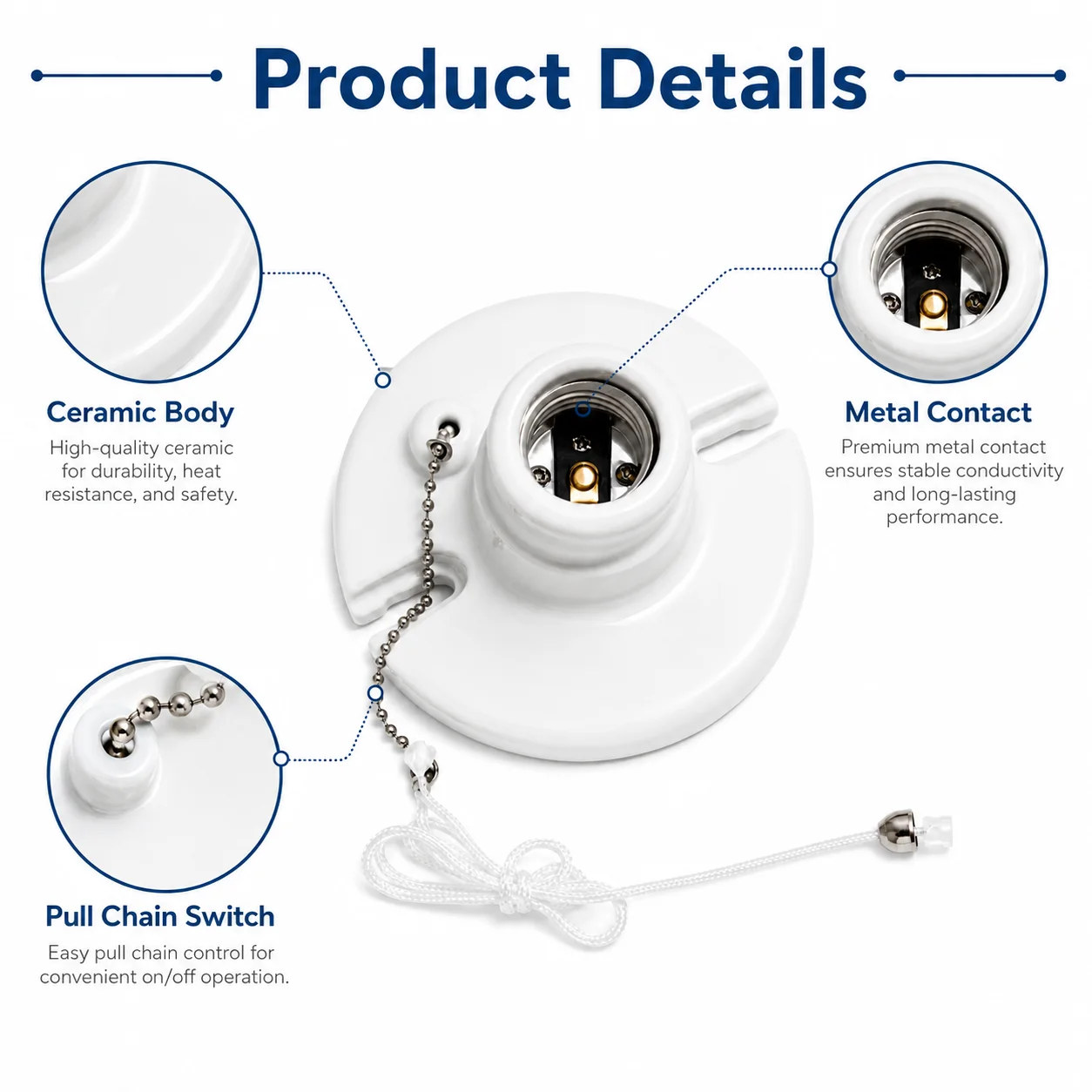 JOYINLED 1/10PCS E26 E27 Lamp Base Porcelain Bulb Holder Top Wired Lamp Holder with Pull Chain 660W Incandescent/Fluorescent/CFL