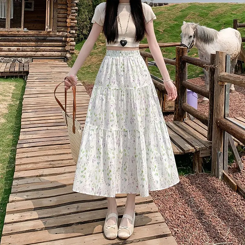 

Весна 2024, женская юбка трапециевидной формы с высокой талией и цветочным принтом, новинка, длинное платье, дизайн Sense для похудения Fren