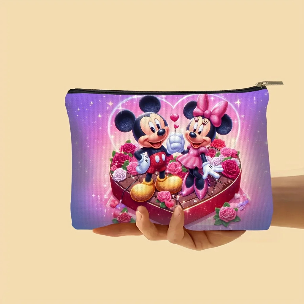 ディズニー ミッキーとミニー ピンクとゴールドのハート型プリント化粧品バッグ、ジュエリー収納バッグ、完璧な旅行用ジッパー収納バッグ - 楽しい誕生日プレゼント 1個