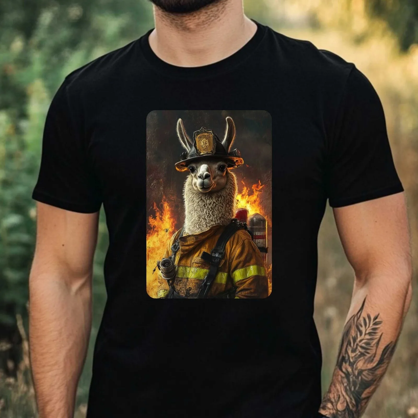 Mens Llama Firefighter Print Cotton T-Shirt Size XS to 5XL