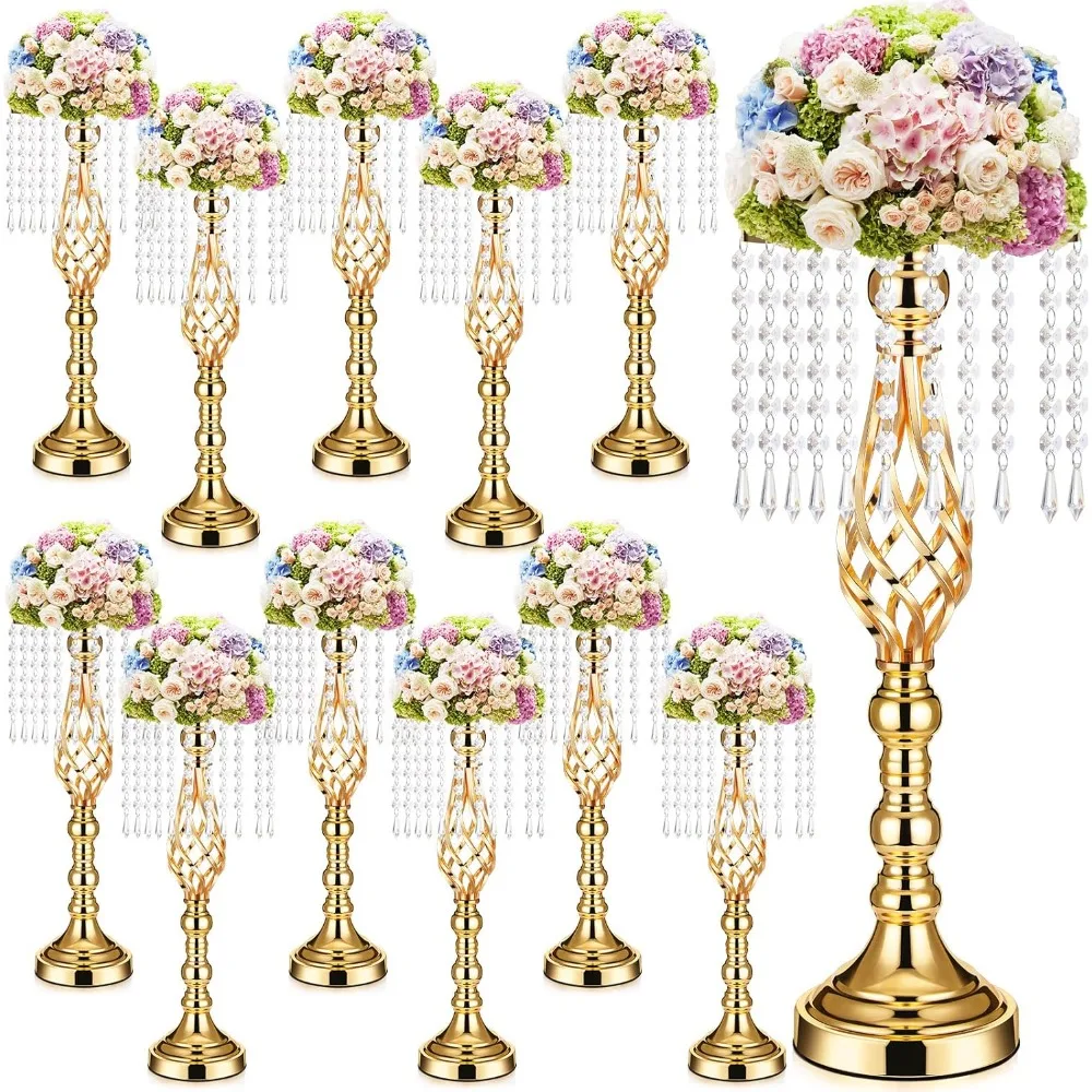 

12 Pcs Gold Wedding Centerpieces for Table Gold Crystal Flower Stand 19.3 Inch Tall Vase with Chandelier Metal Flower Holders F