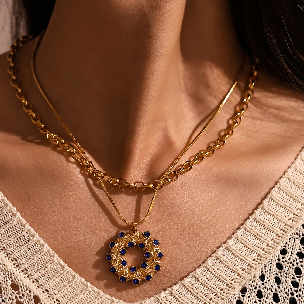 Beautiful Stainless Steel Necklace Earrings For Women Carving Flower Rhinestones Inlaid Pendant Shiny Chain Luxury Charm Jewelry image 2