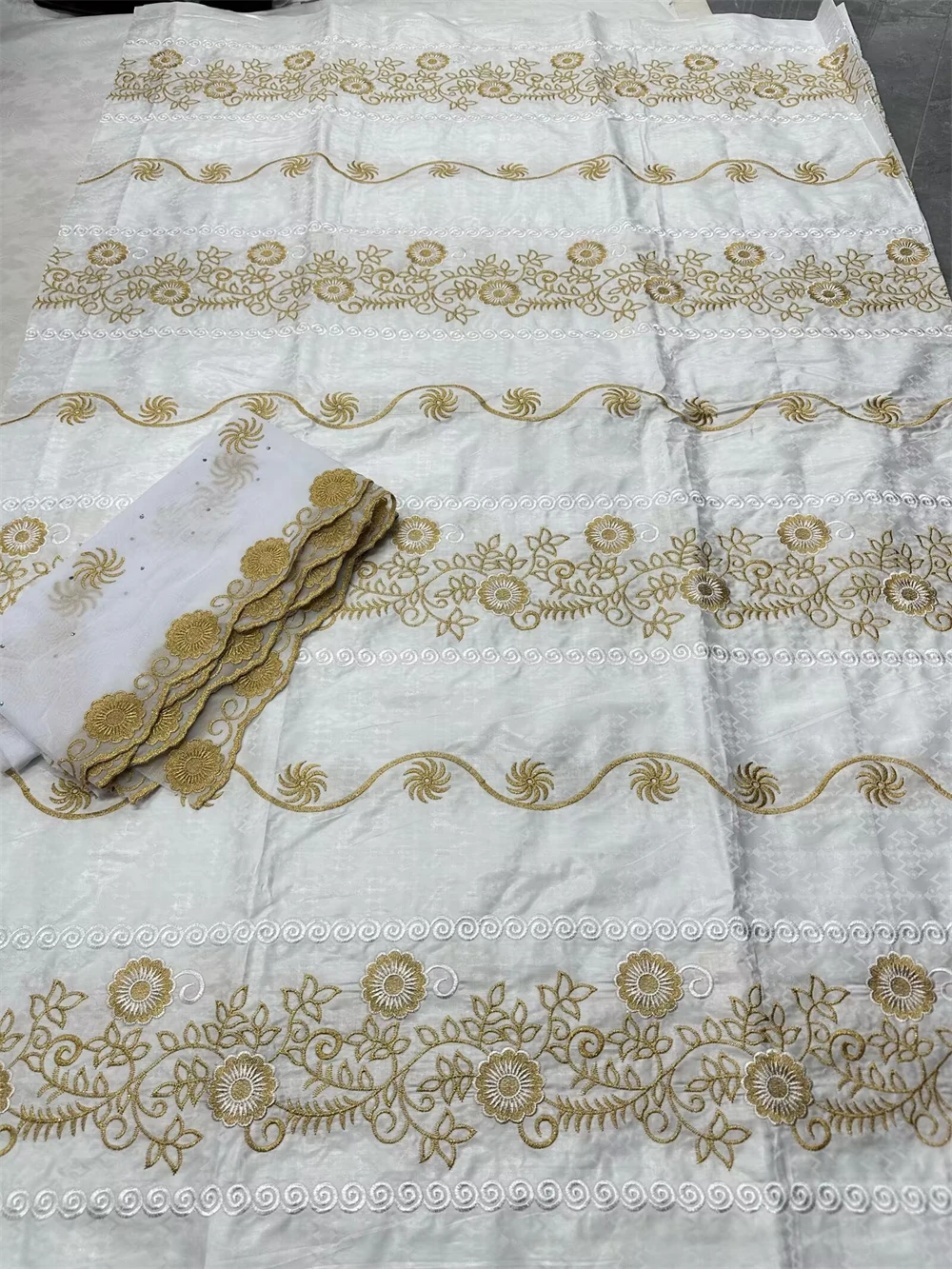 

African Bazin Embroidery Lace Tulle Blouse Set White Bazin Riche Cotton Baizn Cloth For Party Dress 5+2 yards