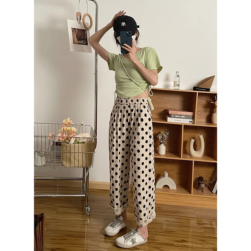 

Японские женские летние повседневные брюки в горошек с широкими штанинами, дышащие, на резинке, легкие, тонкие, для работы и отдыха