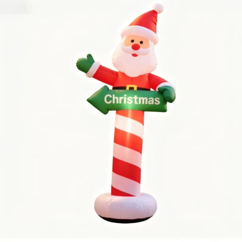 Inflatable Santa Candy Column Directional Sign Red Green Contrast with Light for Garden Terrace Christmas Festival Ambiance Prop