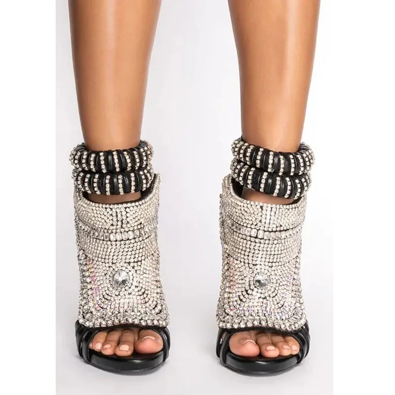 Glitter Crystal Stiletto Woman Bling Cover Heels Ankle Wrap Rhinestone Totem Design Peep Hollow Sandals Sexy Fashion Dress Shoes