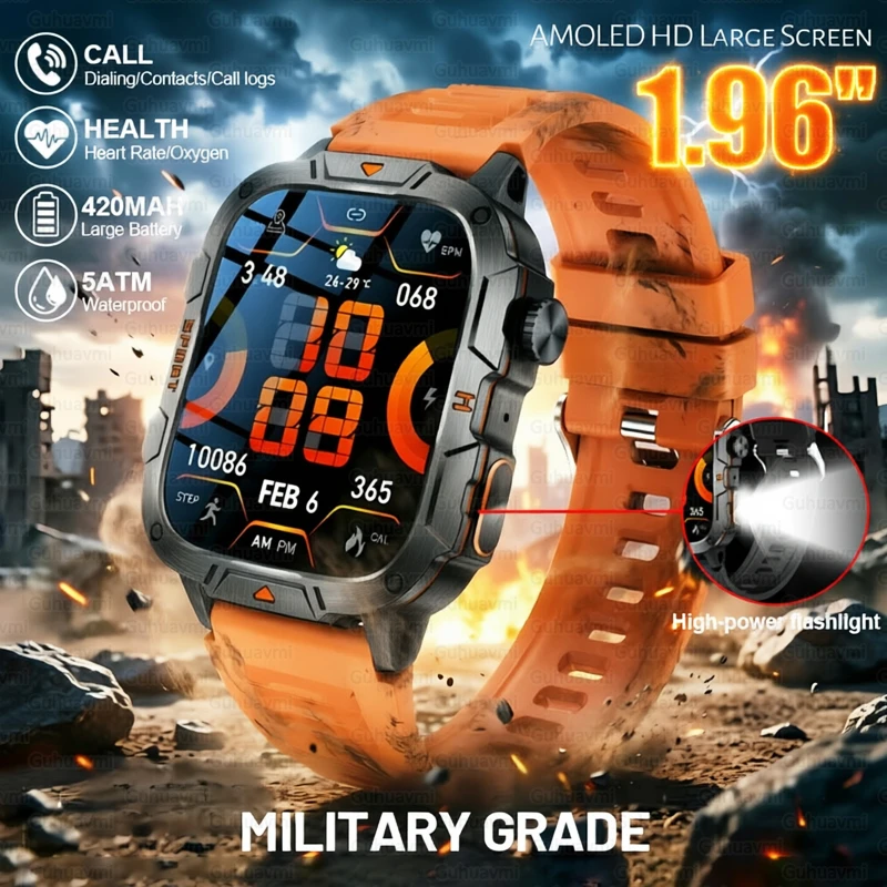 

Смарт-часы с HD-экраном 1,96 дюйма для мужчин, монитор сердечного ритма и уровня кислорода в крови, водонепроницаемые на 5ATM, фитнес-трекер, Bluetooth-вызовы, наручные часы для активного отдыха