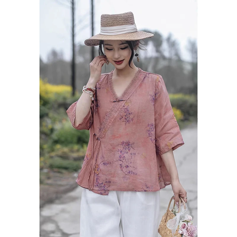 Retro Chinese Sle Vlasprint irt Dames plus Size Bloemen Kanten Kraag Gordel Vijfkwart Sve Top Casual Zomerblouse
