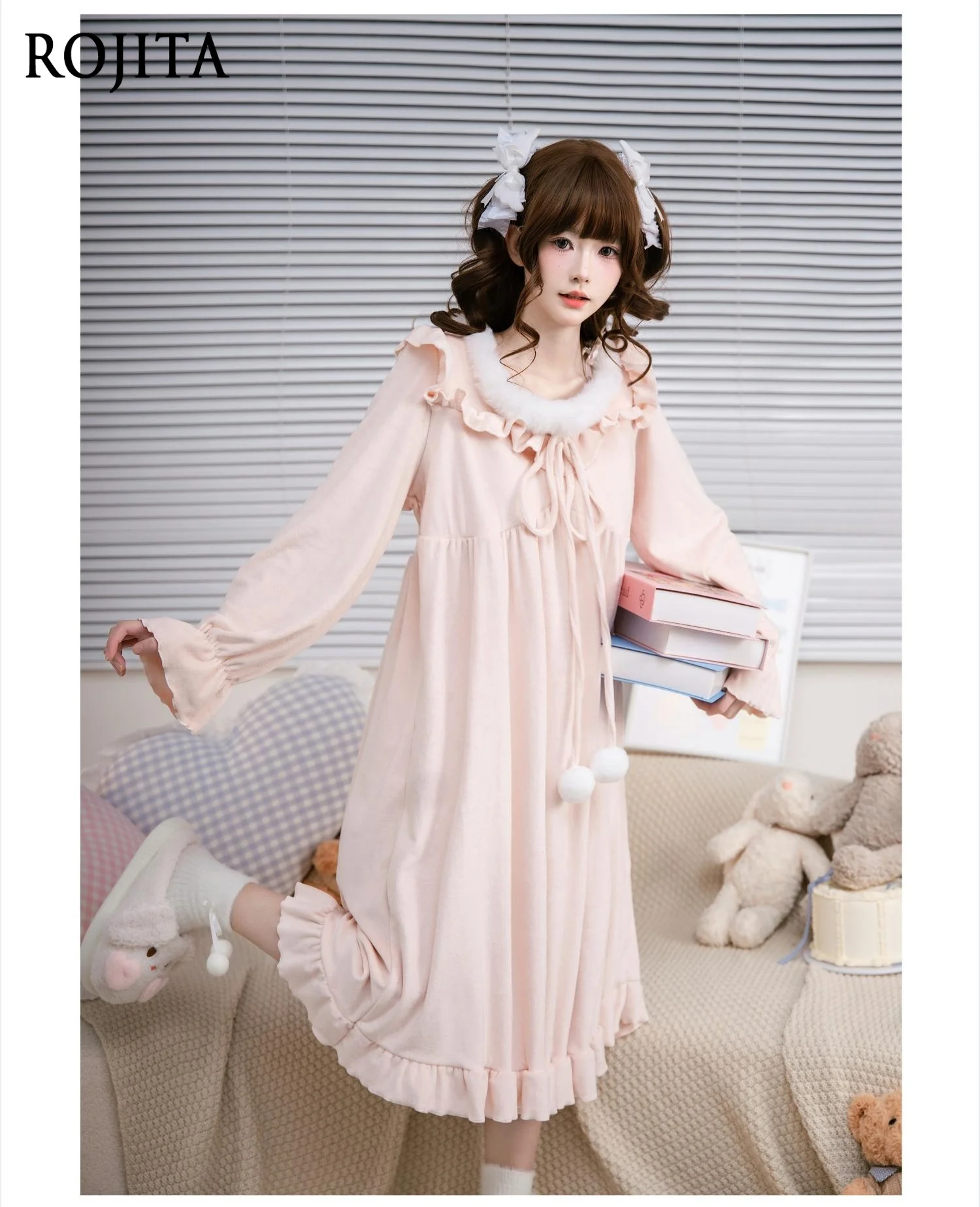 Sweet Light Blue Velvet Nightgown Fluffy Neckline Drawstring Bubble Long Sleeve Ruffle Hem Loose A-Line Long Lolita Sleep Dress