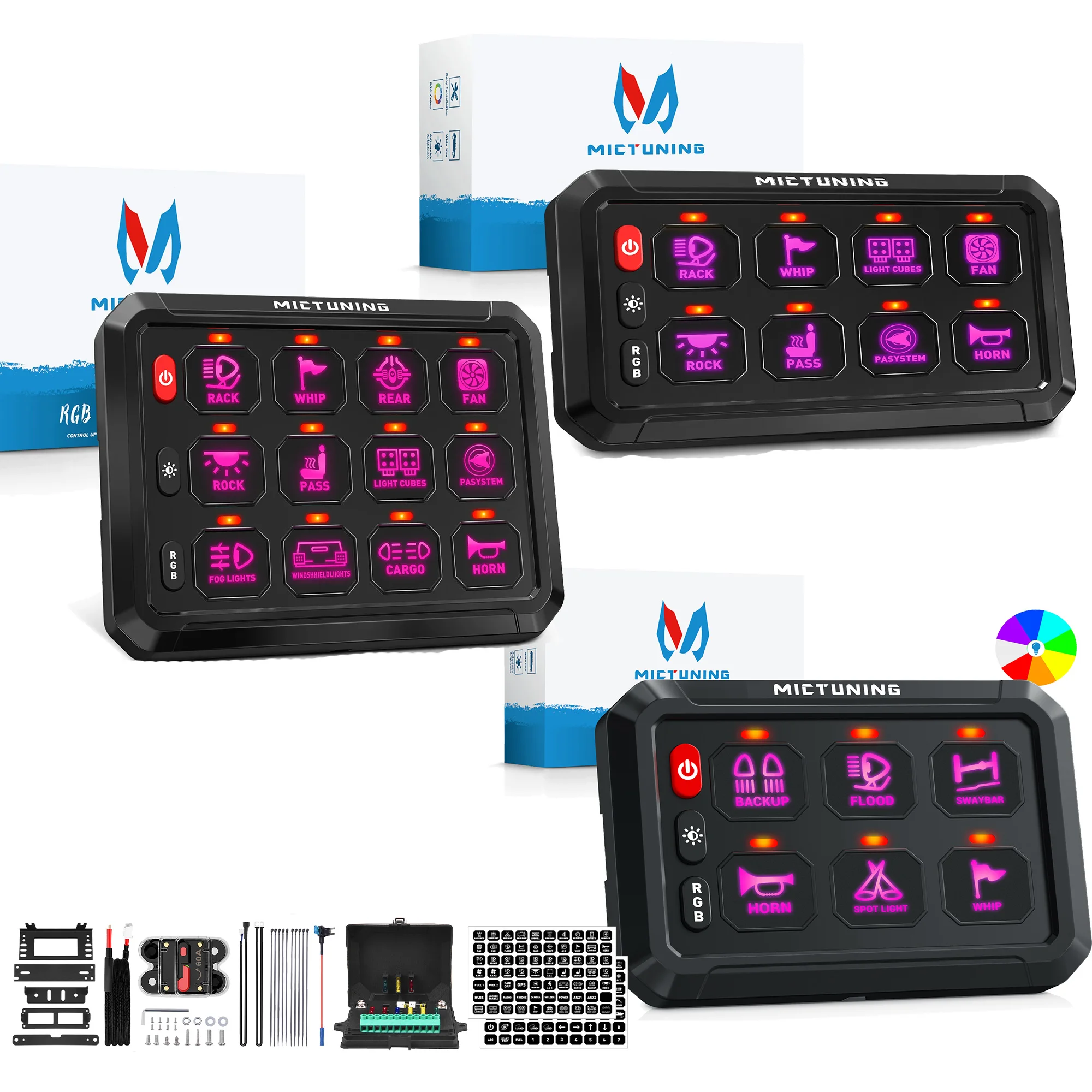 

Basic Conventional P1s RGB 6/8/12 Group Switch Panel, 5-Stage Brightness Circuit Control Relay System Box for Trucks, RVs, SUVs