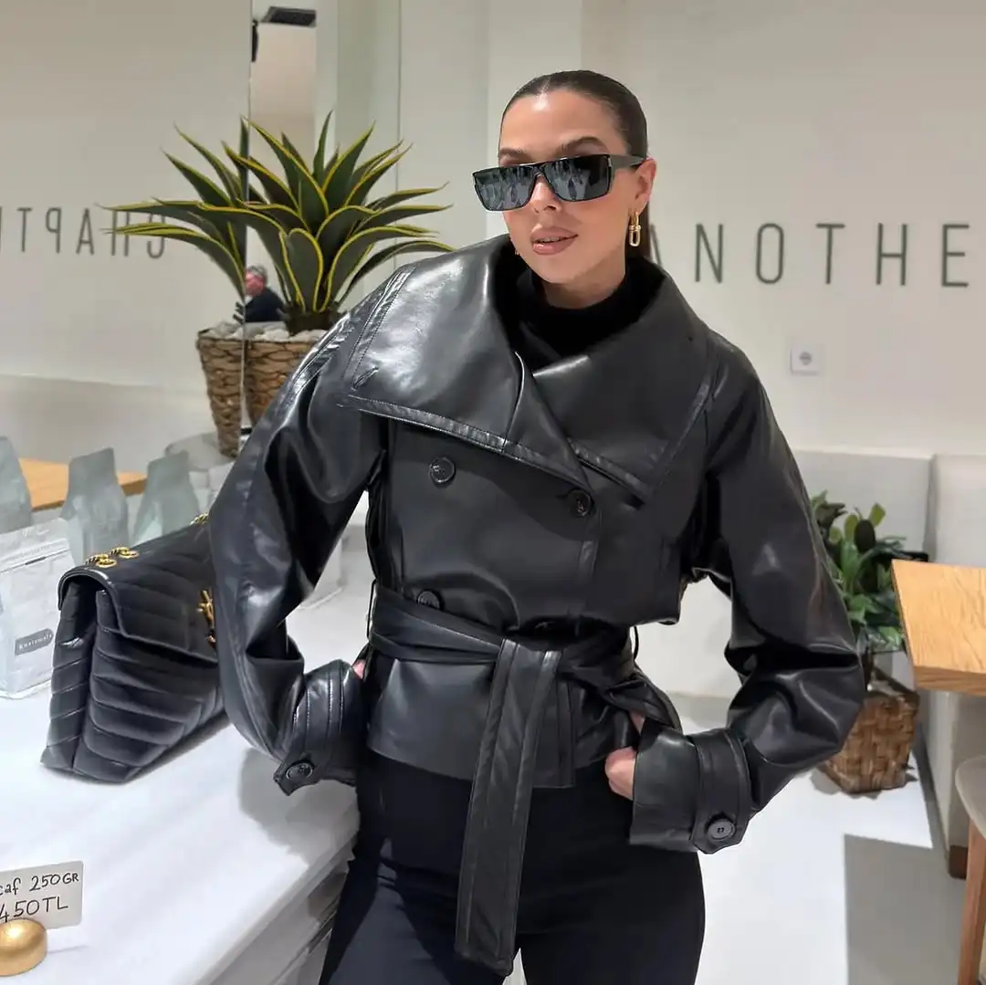 여성 레트로 터틀넥 가죽 재킷 패션 라펠 더블 브레스티드 루즈핏 벨트 아우터웨어 여성 가을 데일리 스트리트 코트