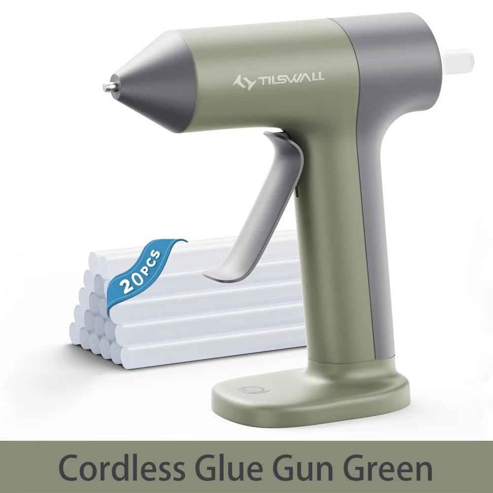 Kit Pistola Colla a Caldo Senza Fili 4V con 20 Bastoncini di Colla 7x140mm, Mini Pistola Colla a Caldo Verde Oliva, Riscaldamento Rapido in 30s, Ricaricabile USB-C, Spegnimento Automatico,