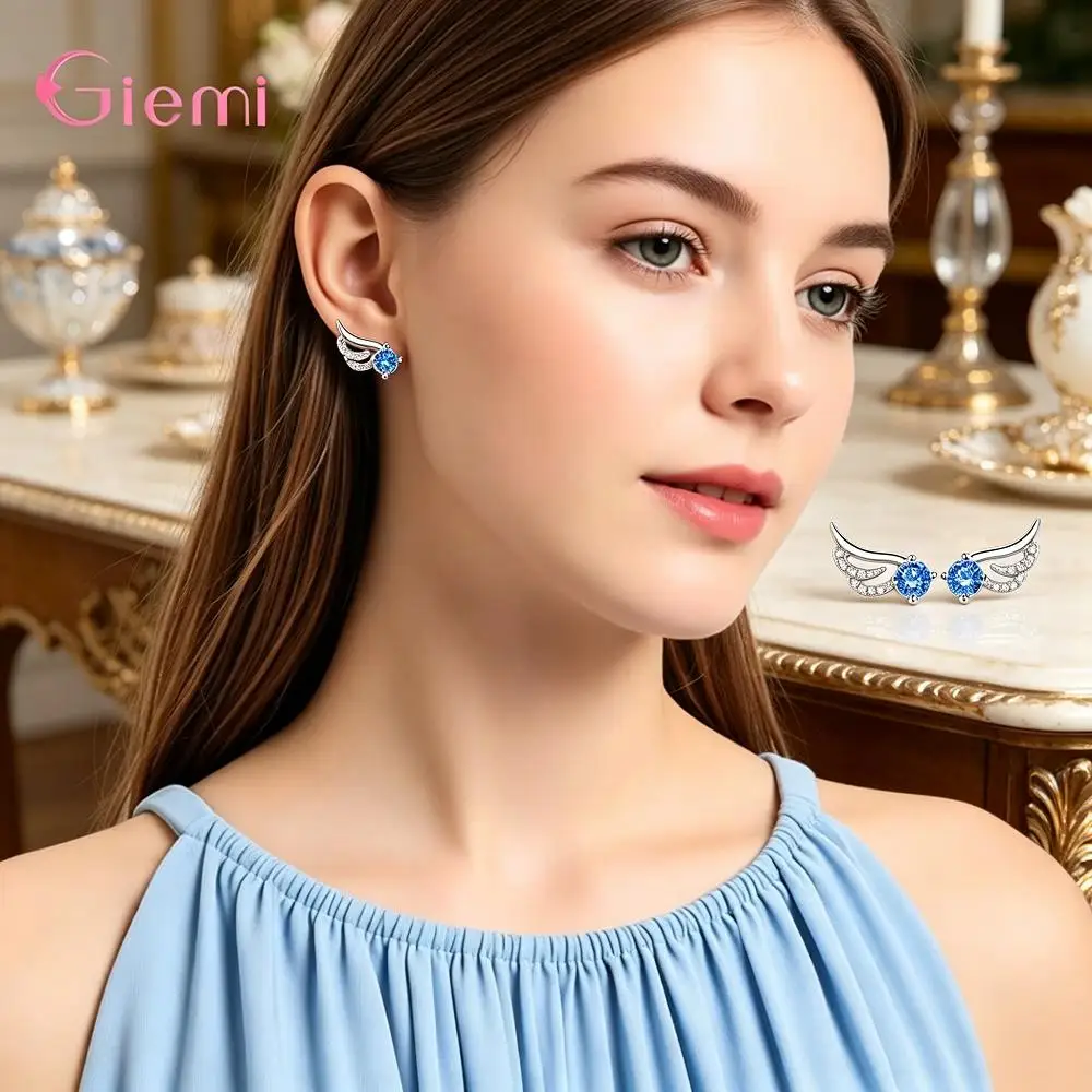 Delicate 925 Sterling Silver Wings Shape Crystal Zircon Stud Earrings for Women Girls Engagement Party Fashion Jewelry Gifts