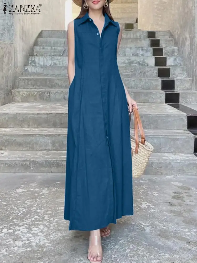 

ZANZEA Holiday Casual Shirtdress Fashion Sleeveless Solid Color 2024 Summer Maxi Dress Women Button Down Lapel Neck Tank Dresses