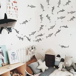Fish Shark Wall Decals Waterproof Peel&Stick Wall Sticker Blue and Grey Hammerhead Shark under Sea for Boy's Kids Room   Decor