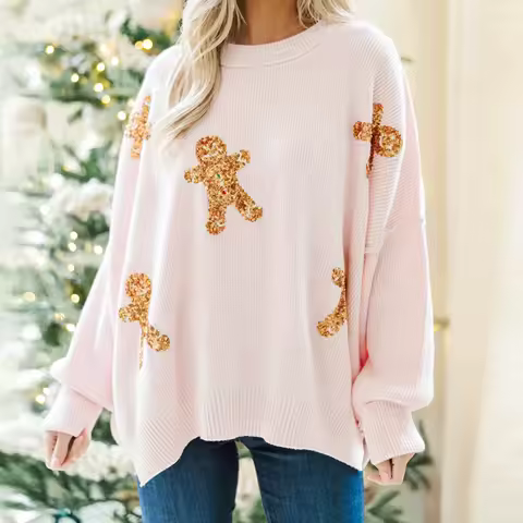 Christmas Sweater for Women Ugly Crew Neck Sweater Pullover Oversized Funny Graphic Jumper Xmas Knit Pullover