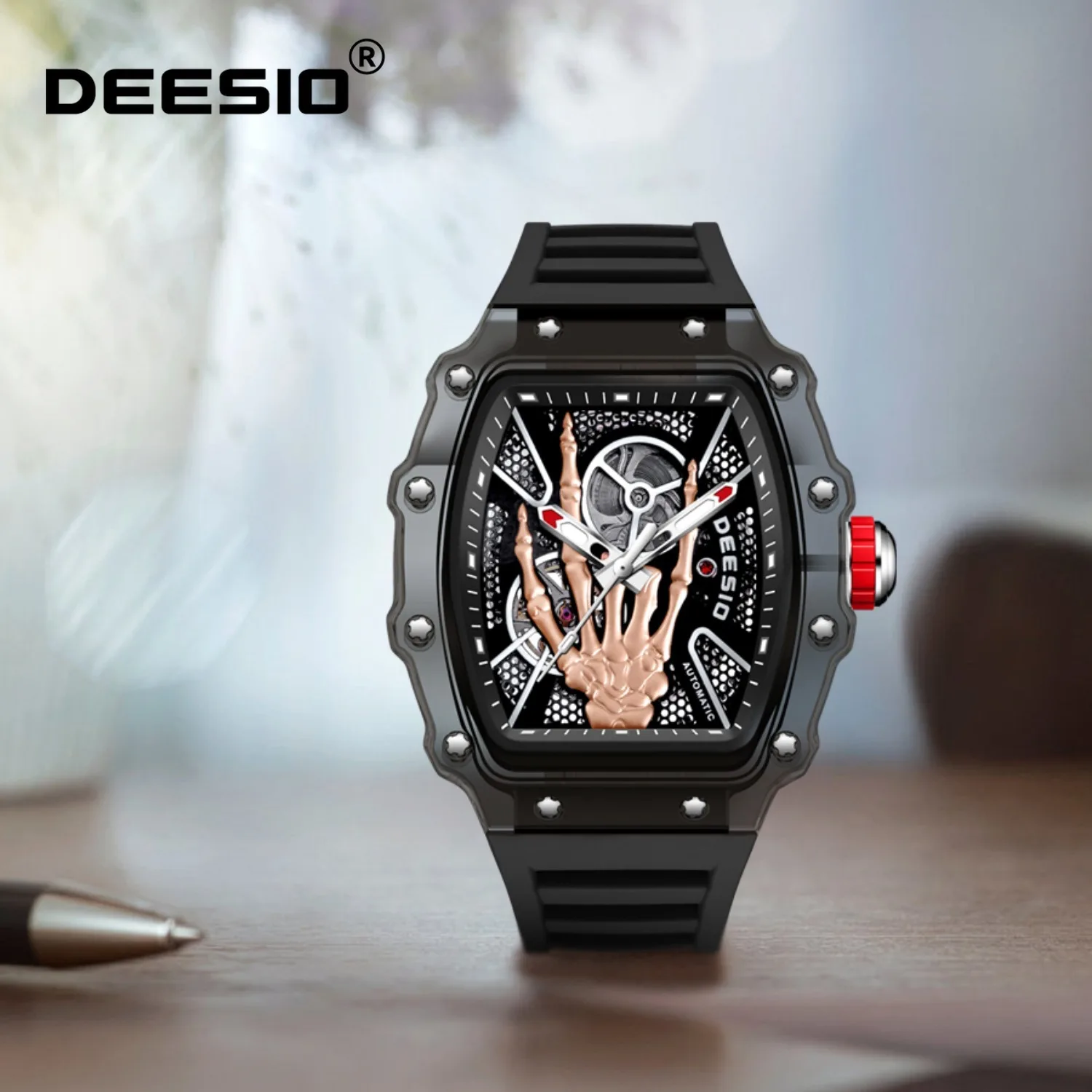 

Deesio Automatic Mechanical Watch Men Transparent Barrel Skeleton Luxury Waterproof Wristwatch Analog Fashion Mens Watches Gift