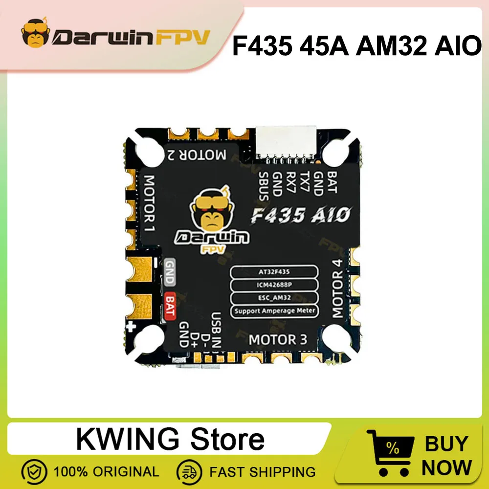 

DarwinFPV F435 45A AM32 AIO 3-6S High-Performance Flight Controller F4 16M Blackbox OSD AM32 45A ESC for 3-6S FPV Drone