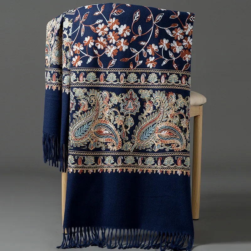 New Women Soft Winter Cashmere Scarf Embroidered Cashew Pashmina Luxury Brand Shawls and Wraps Echarpe Warm Scarves image 5