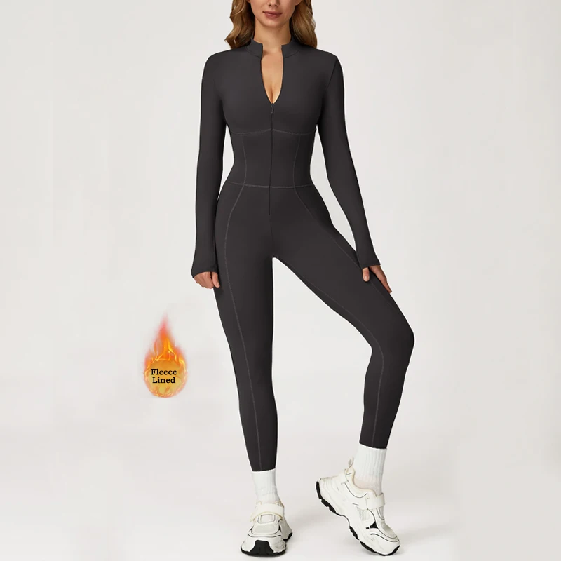 VITALINOVO Fleece Lined Long Sleeve Jumpsuits for Women Full Zipper Bodysuit Workout Full Length Bodycon Scrunch Leggings Onesis