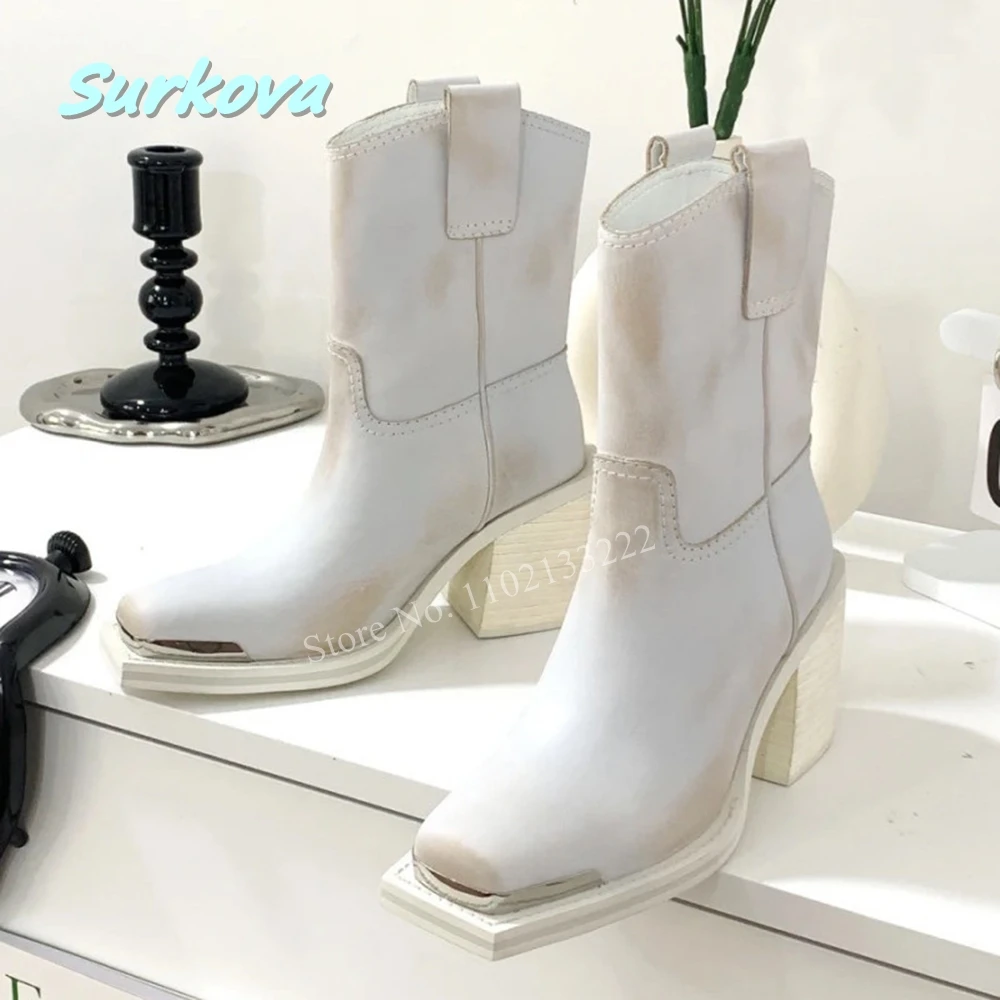 

White Slip-on Ankle Boots Square Toe Chunky High Heel Newest Fashion Comfortable Autumn Spring Women Retro British Style Shoes