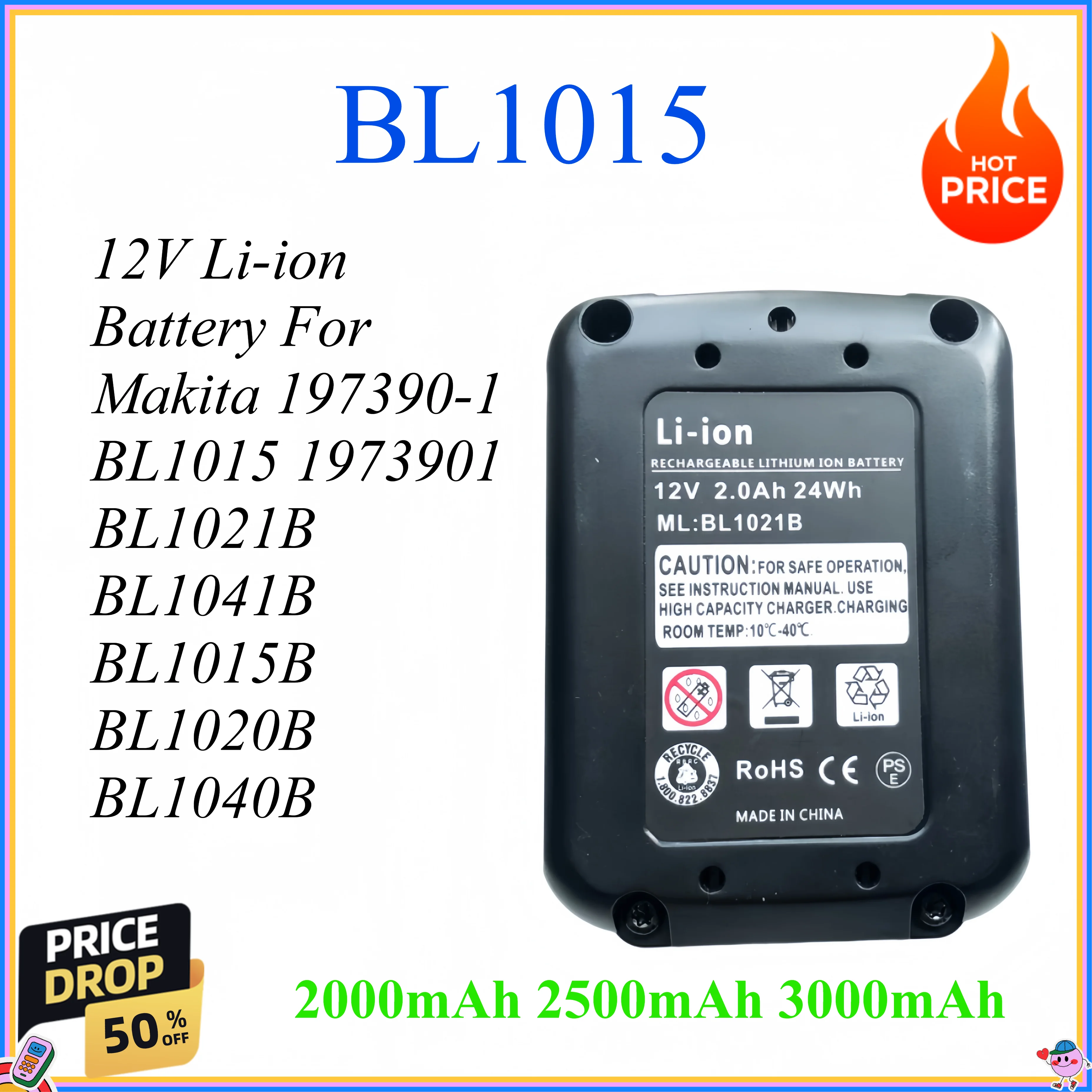 

2000mAh 2500mAh 3000mAh 12V For Makita 197390-1 BL1015 1973901 BL1021B BL1041B BL1015B BL1020B BL1040B Li-ion Battery