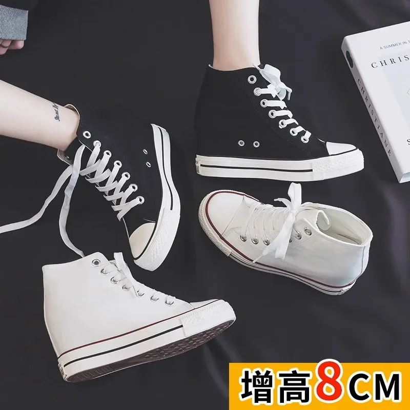 2025 New 8cm High Heels Shoes Casual Canvas Sneakers Designer Platform Wedges Ladies Hidden Wedge Elevator Shoes White black