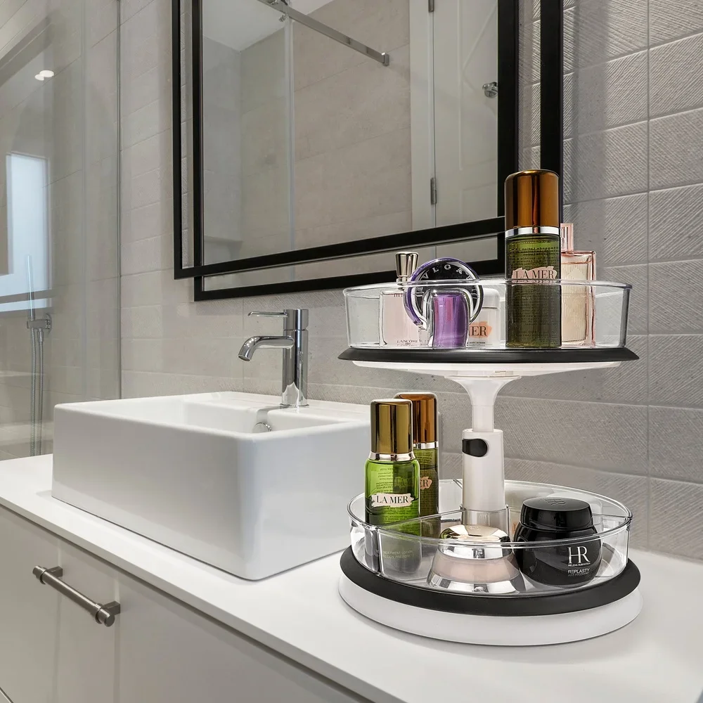 منظم مكياج سوزان كسول من طبقتين، تخزين دوار، بلاستيك شفاف للمطبخ، خزانة مخزن دوارة، قاعدة غير قابلة للانزلاق، سهلة الاستخدام