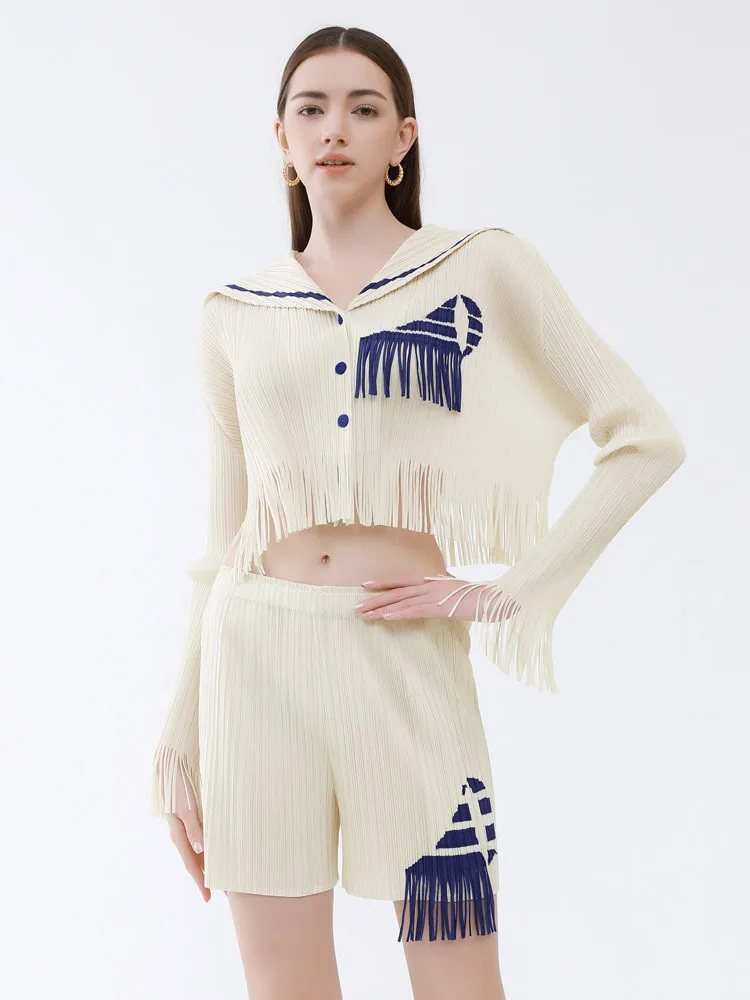 

Boutique MIYAKE Pleated Style Summer Design Style Shirt Sailor Two Piece Women Tassel Contrast High Waist Shorts Set [6146]