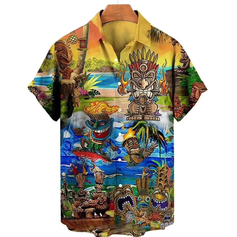 Tiki Moai Shirt Men\'s Clothes 3D Print Hawaiian Shirts Vintage Civilization Horror Skull Graphic Blouses Casual Y2k Aloha shirts