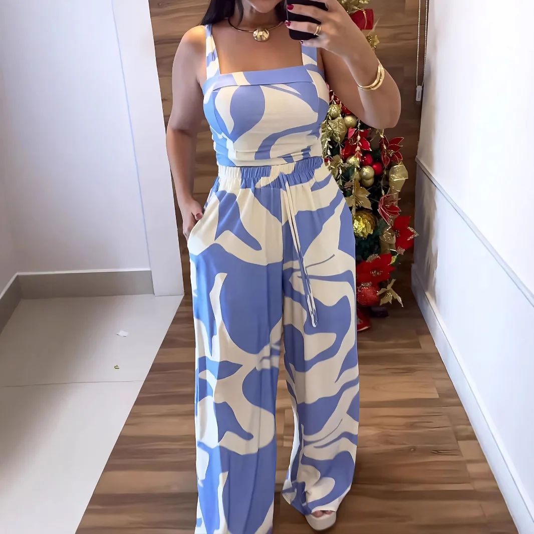 Pant Set Women Two Piece Sets Sling Matching Sets Print Tops Wide Leg Long Pants Lace Up Elastic Waist Y2k Streetwear Elegant