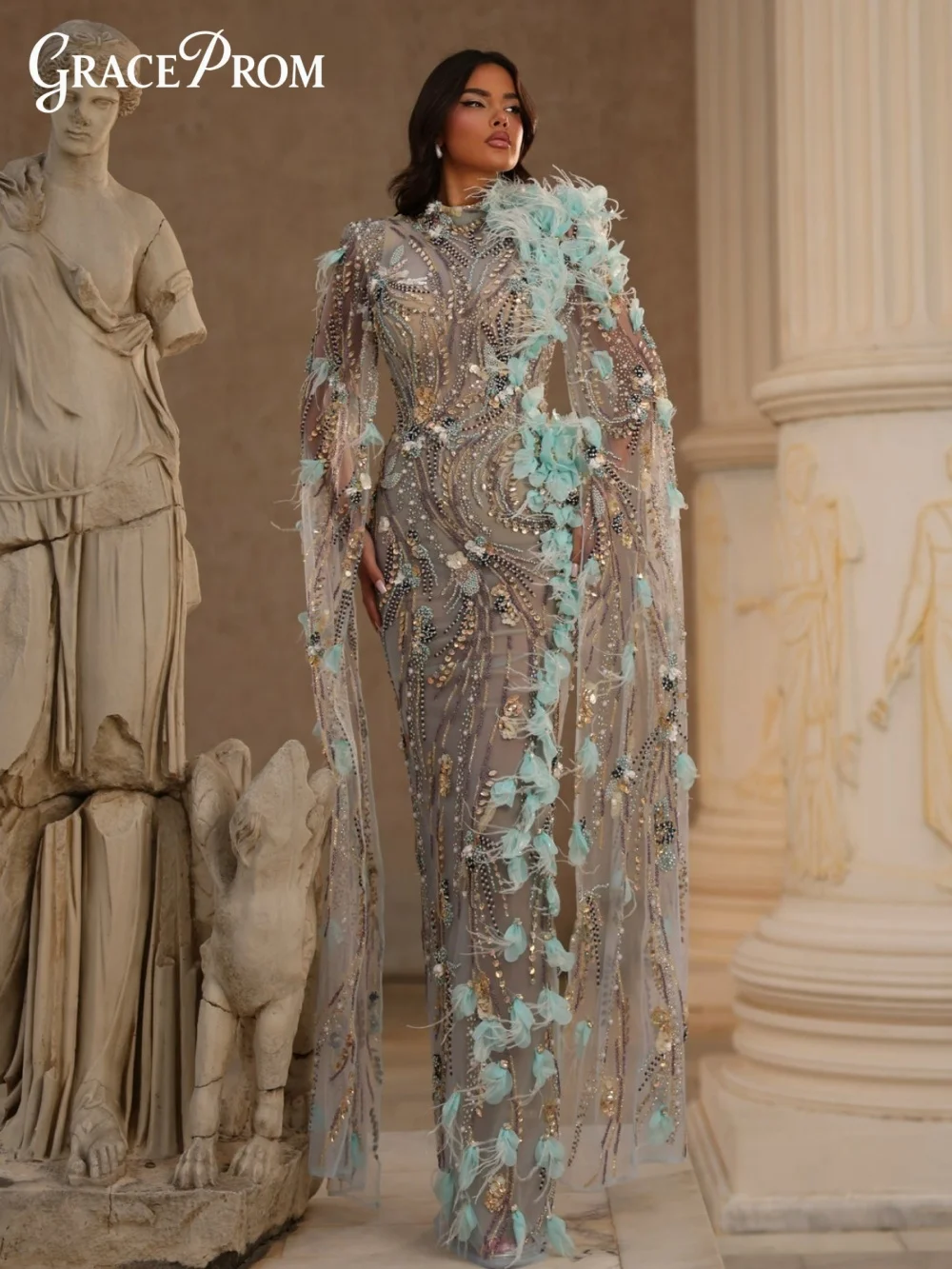 

2026 High Neck Cape Sleeve Evening Gown Whimsical Faded Baby Blue Rhinestone Bead Sequin Party Dress Wedding Guests فساتين سهرة