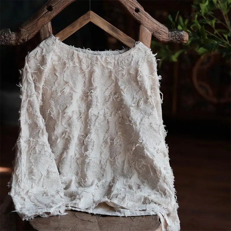 High Quality Cotton Linen Casual T-shirts New 2024 Autumn Vintage Style O-neck Batwing Sleeve Loose Female Tops Tees M118 image 3