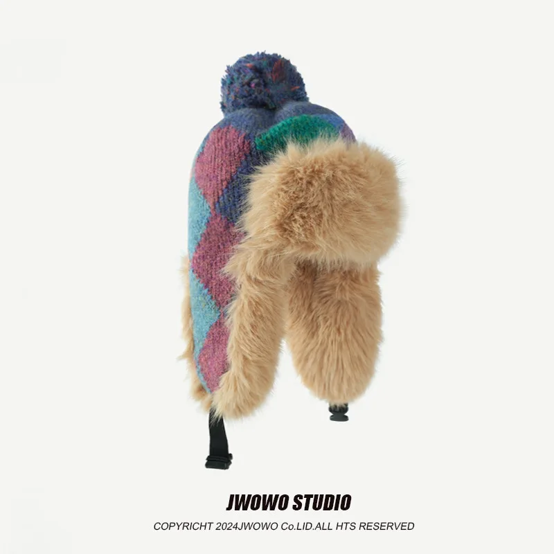 

Вязаная теплая шапка-ушанка для женщин из северо-восточного региона, зимняя, милая, морозостойкая, утолщенная, с защитой ушей из кроличьего меха, теплая шерстяная шапка