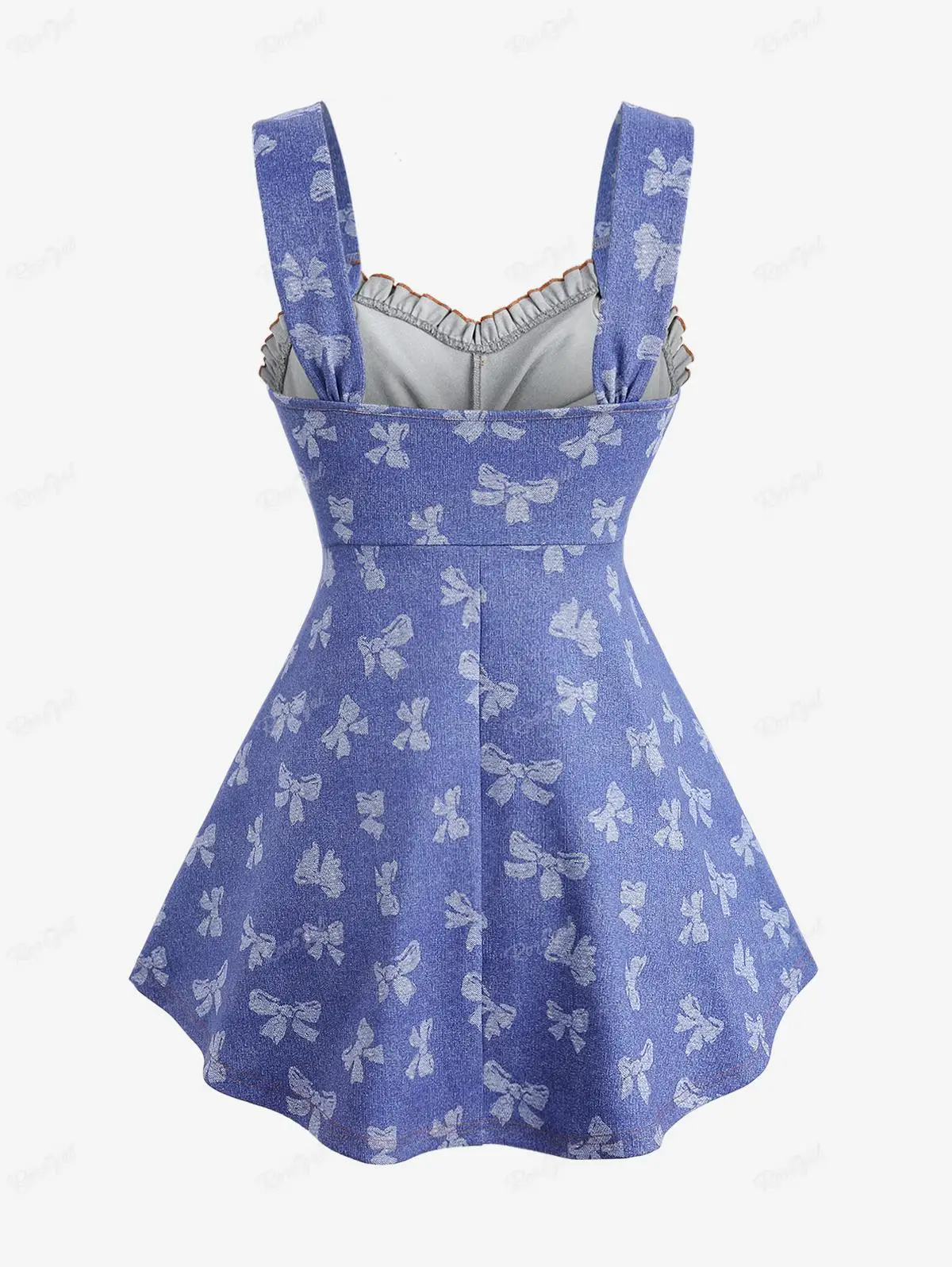 ROSEGAL Plus Size Women's Tank Tops Blue Bowknot Print Ruffles Grommets Crisscross Panel Vest Spring Summer Casual Standard Tops