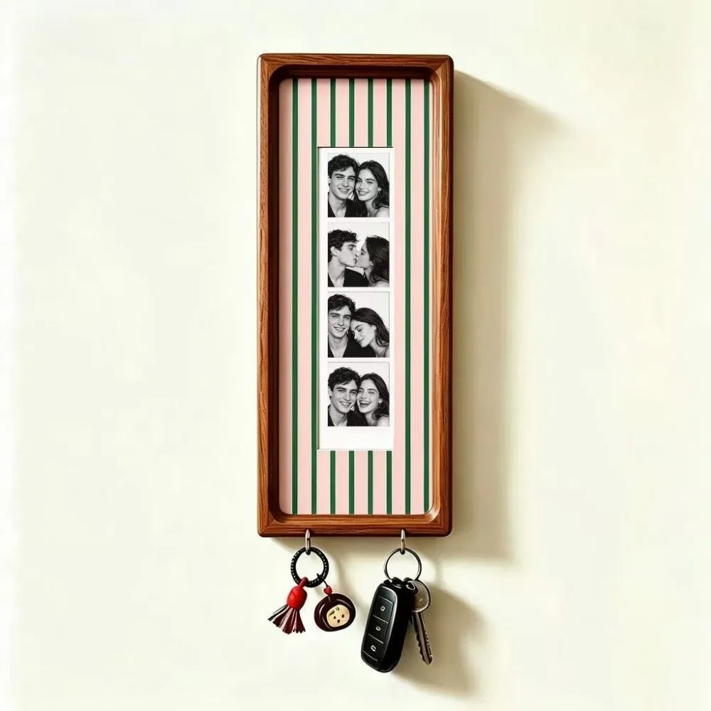 Vintage With Hook Key Holder Frame Mortise and Tenon Wooden Wall Key Holder Photo Strip Frame Wedding Party