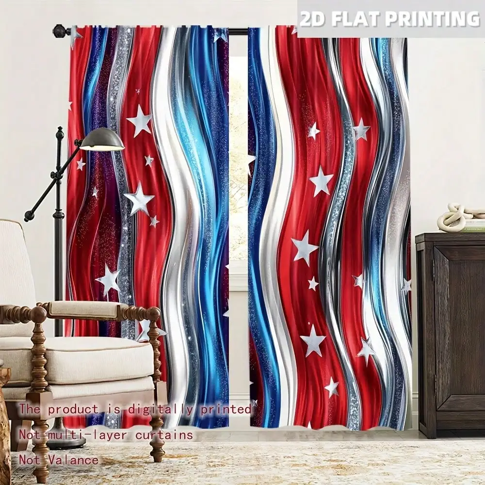 Patriotic Independence Day Blackout Curtains - Blue & Red Stars On White, 100% Light Filtering Rod Pocket Curtains For Bedroom