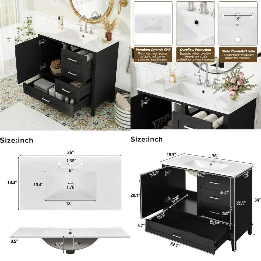36-inch vanity cabinet with sink and 3 drawers, soft close