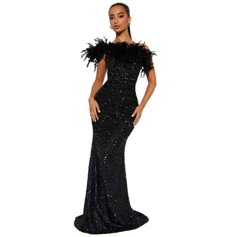 Women Luxury Feathers Sequins Bodycon Maxi Evening Party Dress One Shoulder Sleeveless Ruched Slim Birthday Long Robe Clubwear