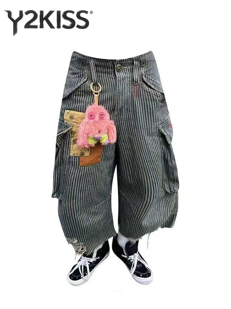 Summmr Women American Retro Striped Jorts Boyfriend Calf-Length Cargo Jean Shorts Punk Y2K Japanese Denim Capris Pants Hip-pop