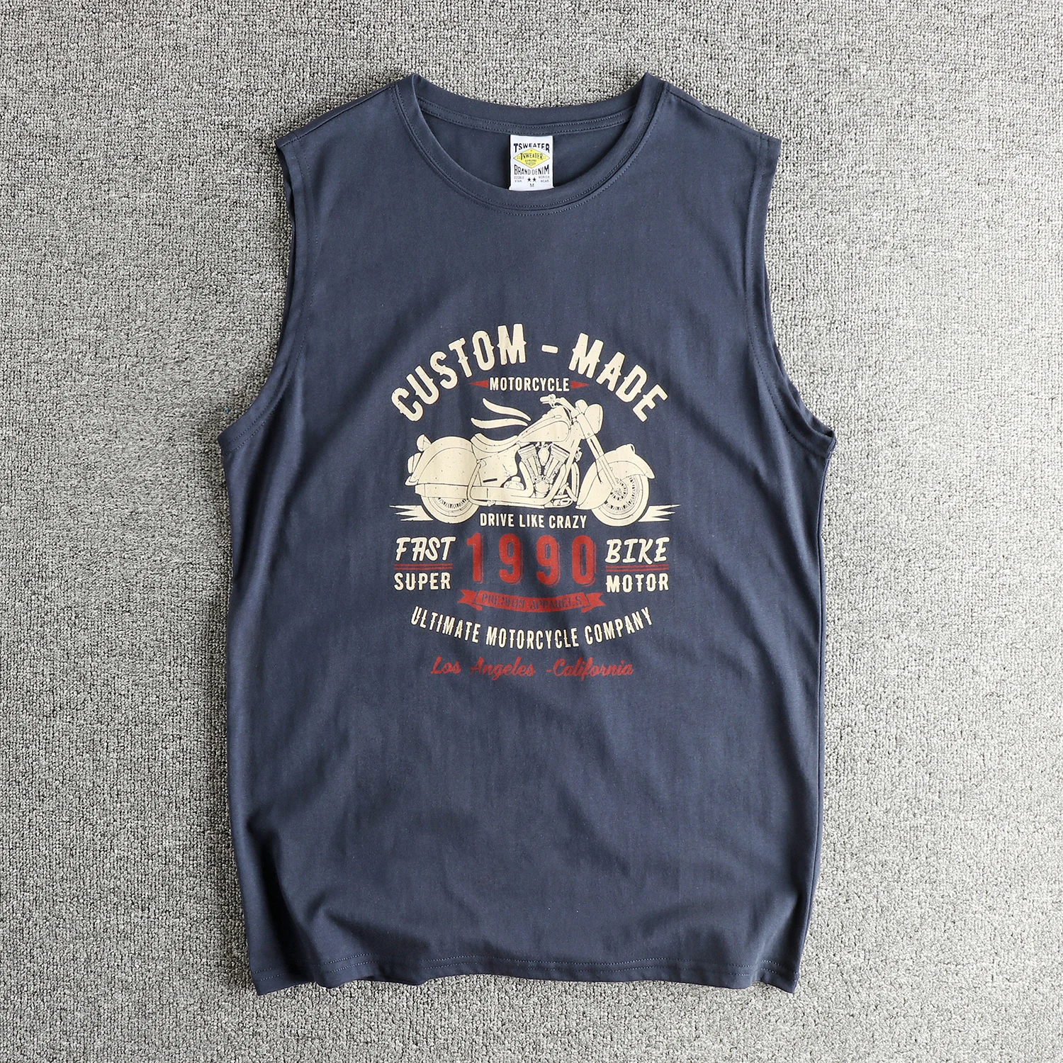 Retro motorcycle letter print men's sweat vest combed cotton wash comfortable sleeveless sports T-shirt