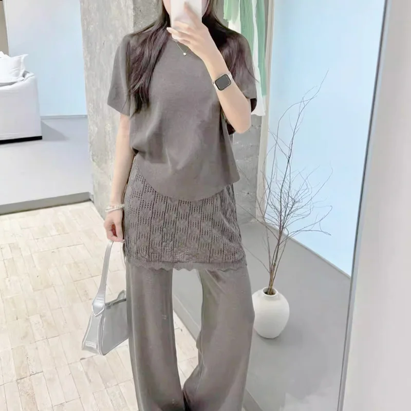 

2026 Summer New Thin Ice Silk Knitted Slimming High Waist Pants Women's Top Bottom Set Two Pieces Ice Silk Large Size