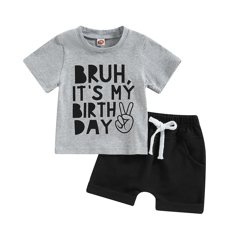 

Toddler Boys Clothing Set Summer Outfit Round Neck Short Sleeve Letter Print T Shirt Tops + Black Drawstring Shorts Clothes