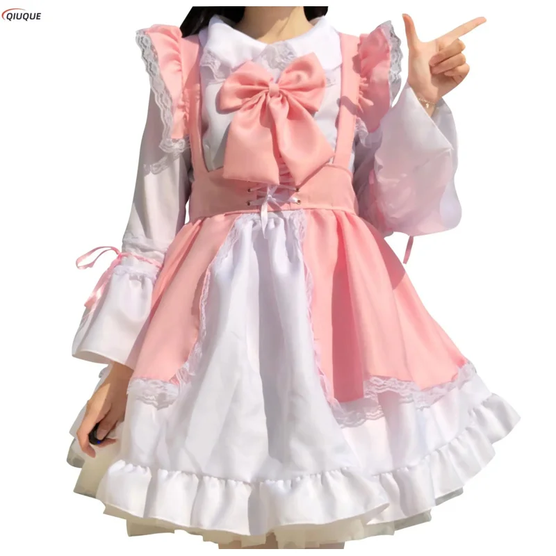 Traje de sirvienta unisex, Vestido largo de lolita rosa, vestido de princesa de anime, delantal, disfraz de cosplay